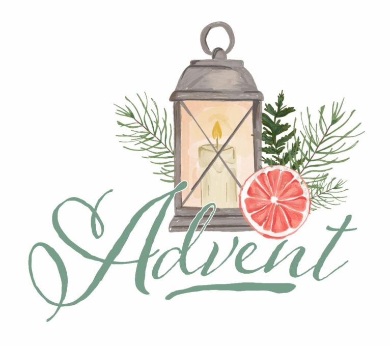 Advent message written in green on a white background with a lamp and holiday decorations.